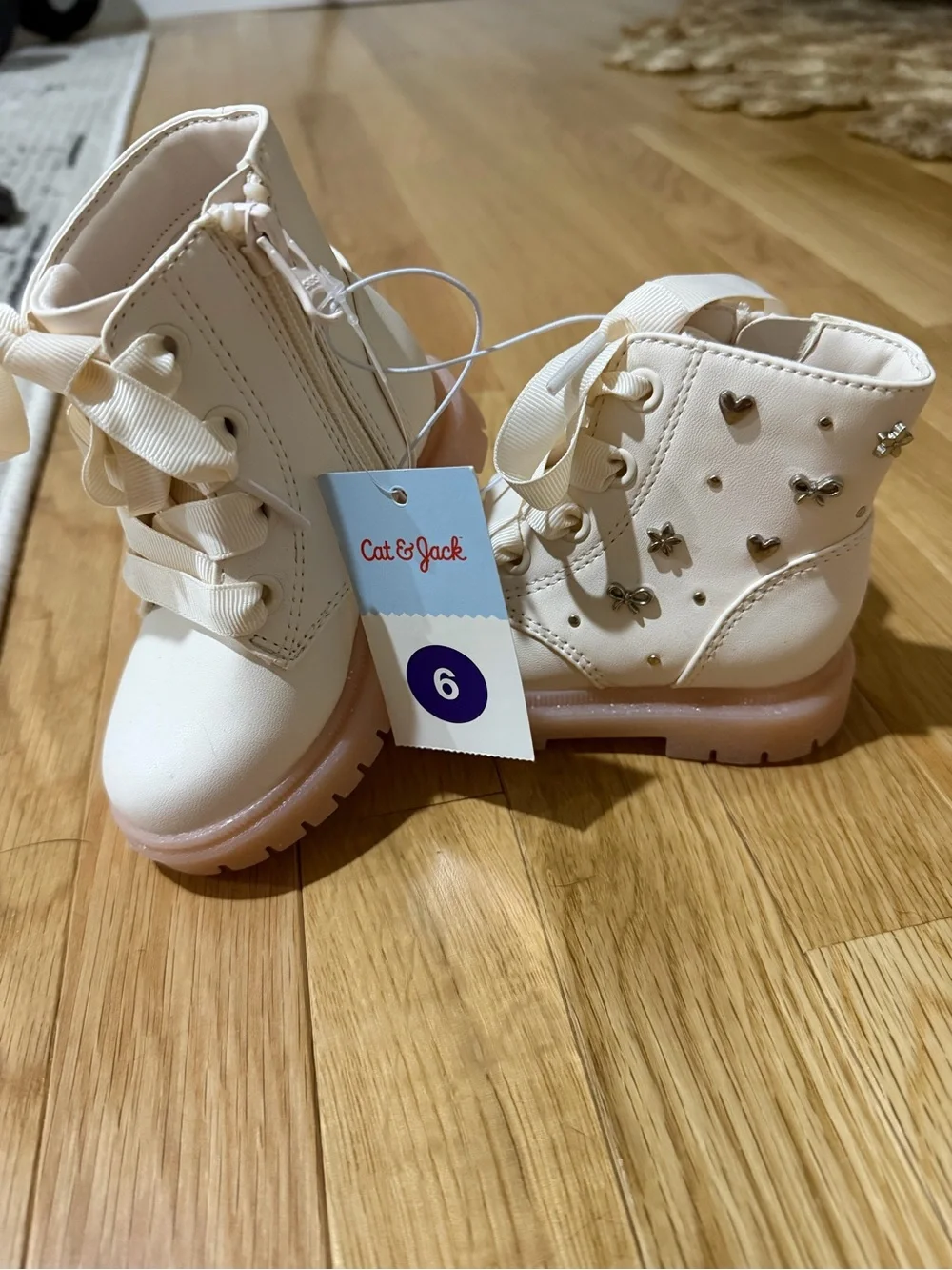 Cat & Jack Cream Girls' Lace-Up Boots with Pink Glitter Sole